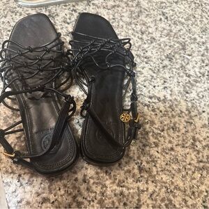 Tory Burch Black Knotted Lace-Up Leather Sandals with Gold Logo